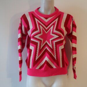NWT Womens Tina Demel Bright Pink Red White Star Print Crew Neck Sweater L